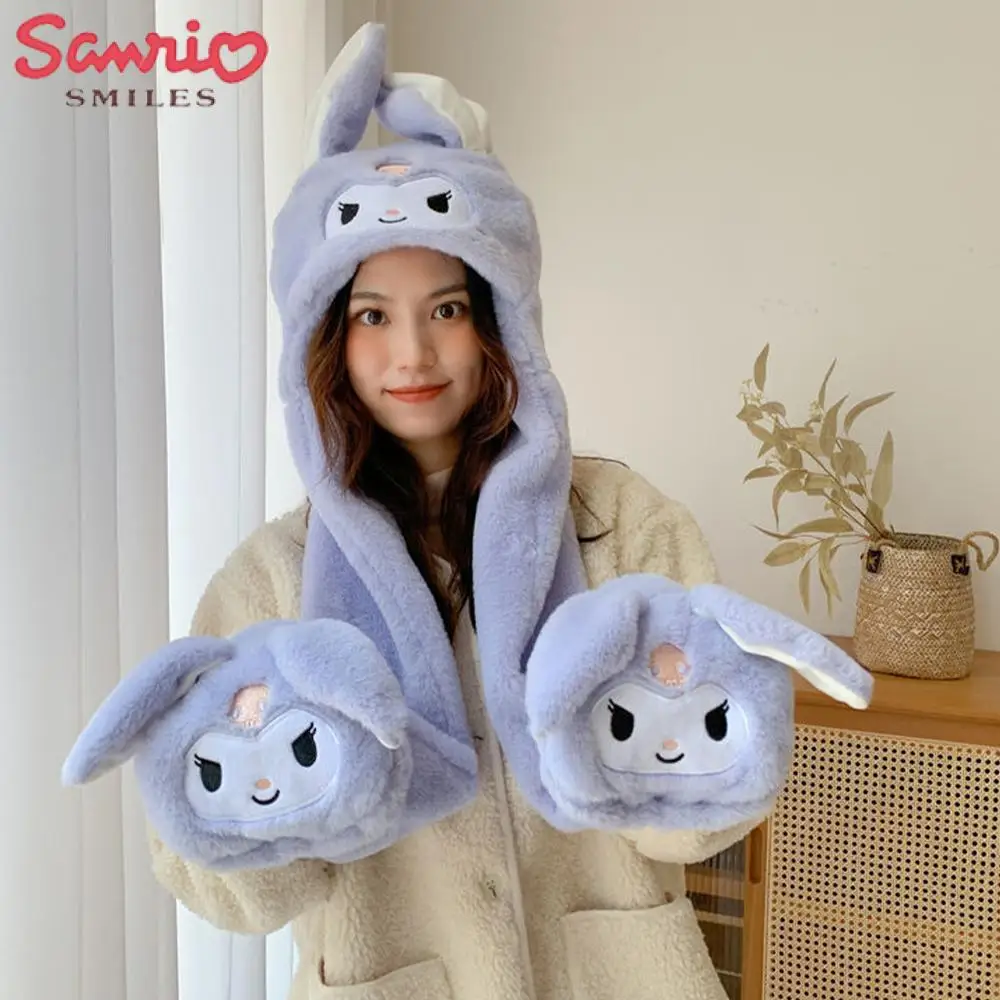 Topi, Syal, dan Sarung Tangan Boneka Cinnamoroll dengan Telinga Bergerak, Sanrio Kawaii Kuromi, Musim Dingin, Tebal, Lucu, Hangat, Hadiah untuk Pacar, Festival