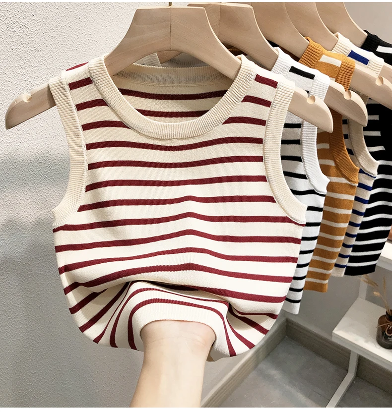 2026 Summer Striped Cami Top Sleeveless Ice Silk Knit Tank Top Women Casual Versatile Outerwear Base Color Block Crop Top