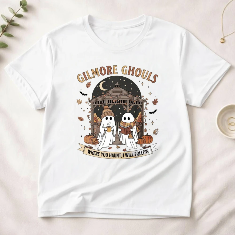 Gilmore Ghouls Moonlight Tee Ghosts Reading Tea Halloween Women Streetwear Shirt Where You Haunt I Will Follow Shirt Cotton tees