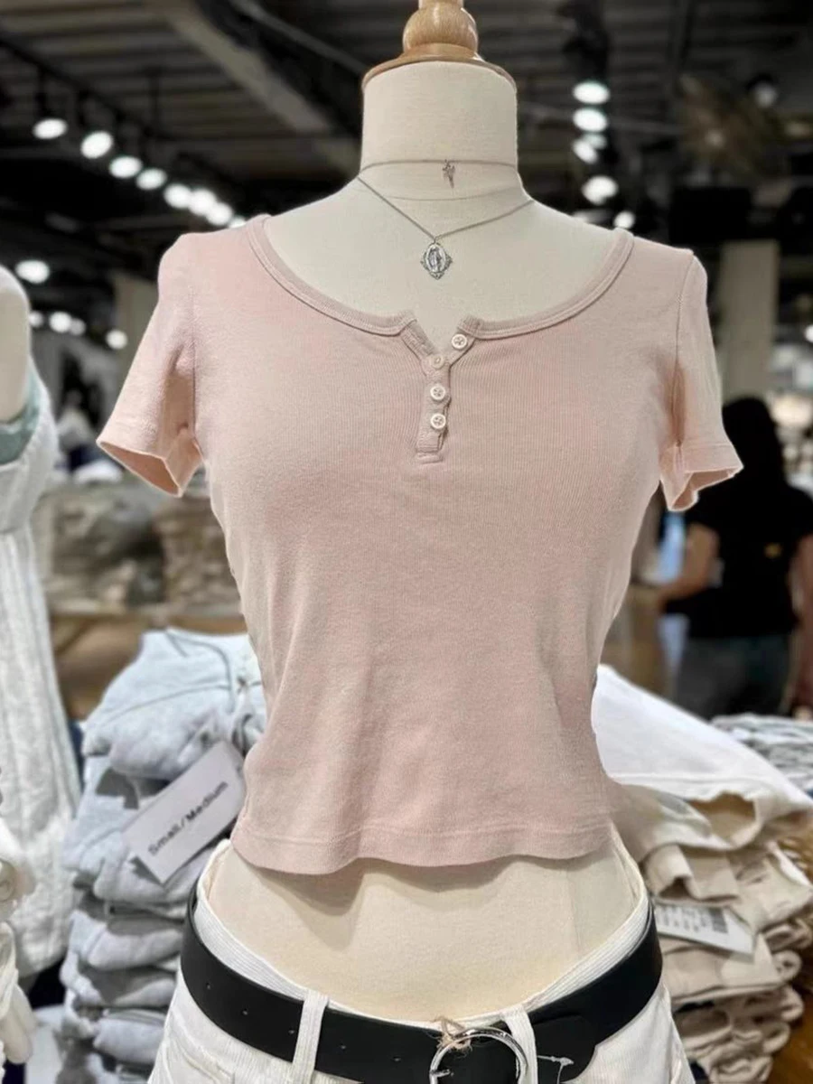 

Casual Women Pink Button Crop Top Summer Cute Round Neck Cotton Short Sleeve Tees Female Vintage Sweet Ribbed T-shirts Tops