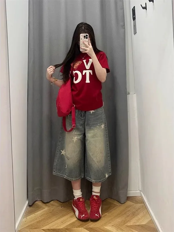 بنطلون جينز نسائي واسع الساق بخصر مرتفع ومقاسات كبيرة، تصميم جديد للصيف مع طباعة نجوم، سروال مستقيم متوسط الطول بقصة فضفاضة