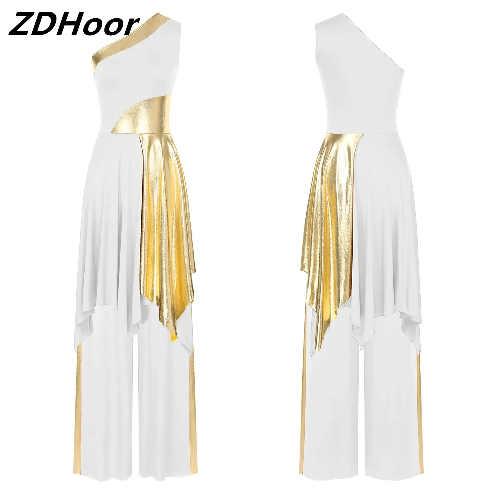 

Womens Color Block Dance Sets Worship Praise One Shoulder Irregular Hem Sleeveless Dress with Metallic Wide-Leg Pants