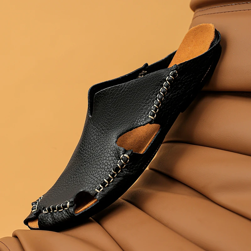 New Quality Leather Non-Slip Slippers Men Beach Sandals Comfortable Summer Shoes Men Slippers Classics Men Flip Flops Big Size
