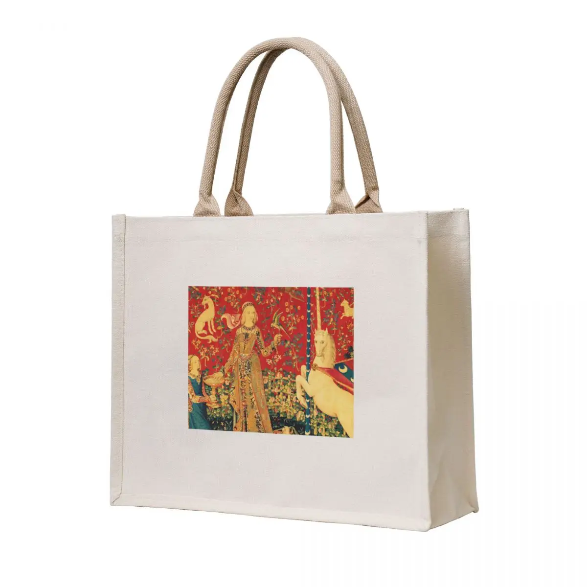 

LADY AND UNICORN Taste Detail ,Red Green Fantasy Flowers,Animals Tote Bag large tote bag Fabric bag reusable shopping