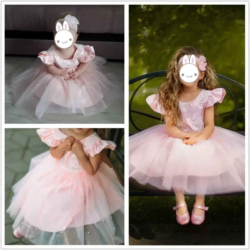 Summer Princess Baby Girls Tutu Dress Weddings Party Dress Birthday Dresses for Toddler Kids Pearls Bow Costumes Lace Gown 1-5Y