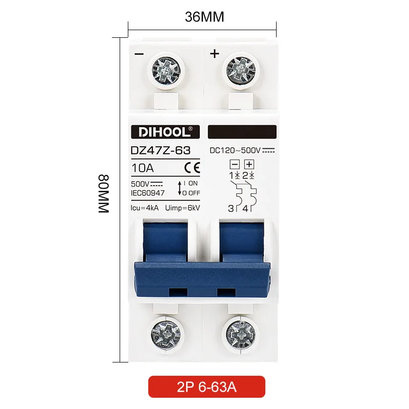 DZ47Z DC Miniature Circuit Breaker  2P Solar Energy PV MCB 16A 40A 50A 63A 100A 125A Air Switch For Photovoltaic System