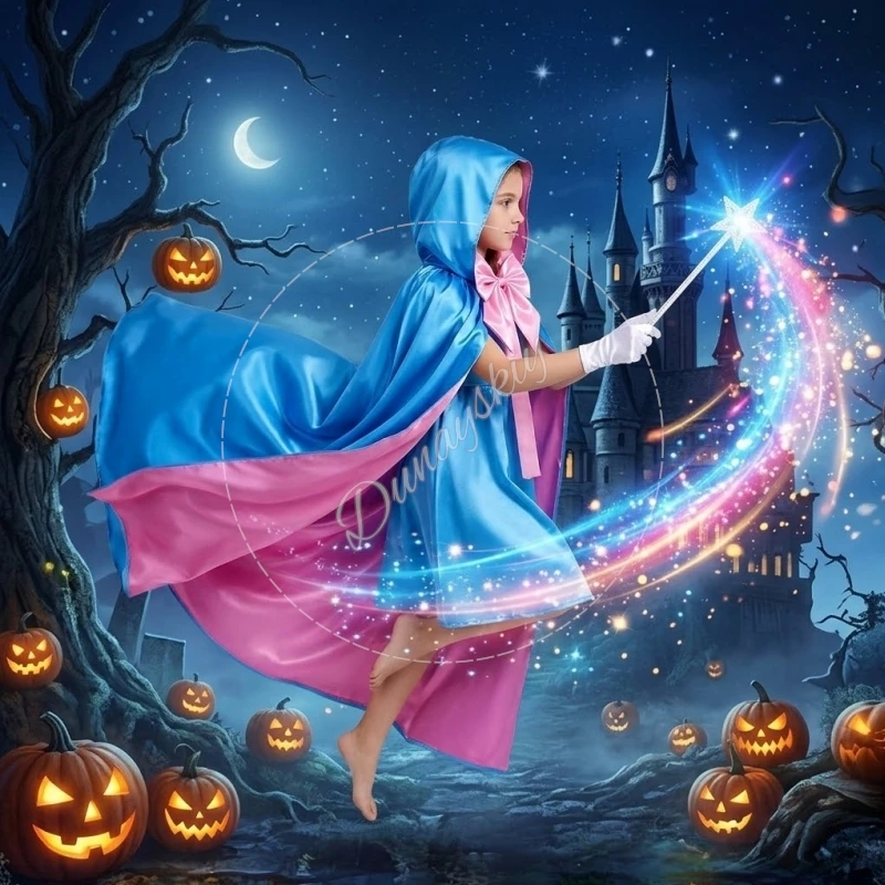 

Halloween Costume Cloak Hooded Cape Princess Accessories Wand Bow Gloves Reversible Blue & Pink Satin Cape Birthday Party Stage
