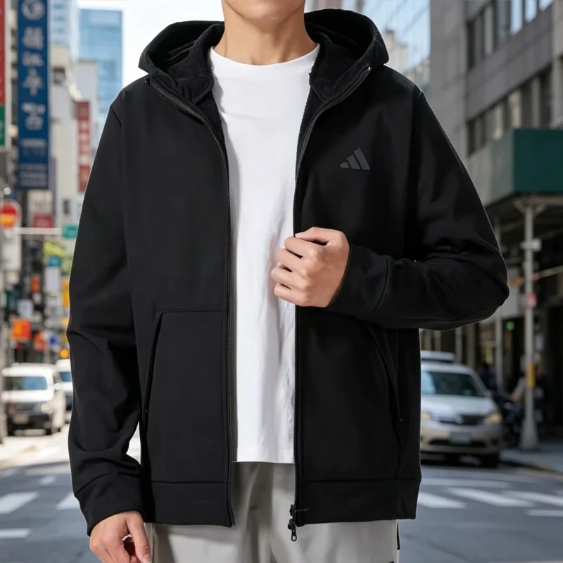 Men Fleece Lined Knit Hooded Jacket Adidas 2026new Warm Thick Elastic Breathable Casual Sports Outerwear IN5607