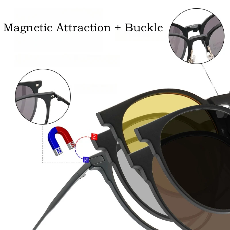 YIMARUILI 1+4 Retro Round Magnetic Clip-On Glasses for Men and Women TR90 Pure Titanium Optical Prescription Eyeglasses Frame