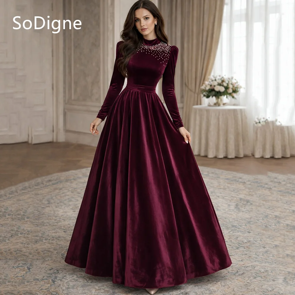SoDigne Elegant Burgundy Velvet Prom Dresses High-Neck Beading Full Sleeves Party Dress Draped A-Line Prom Gowns Customized