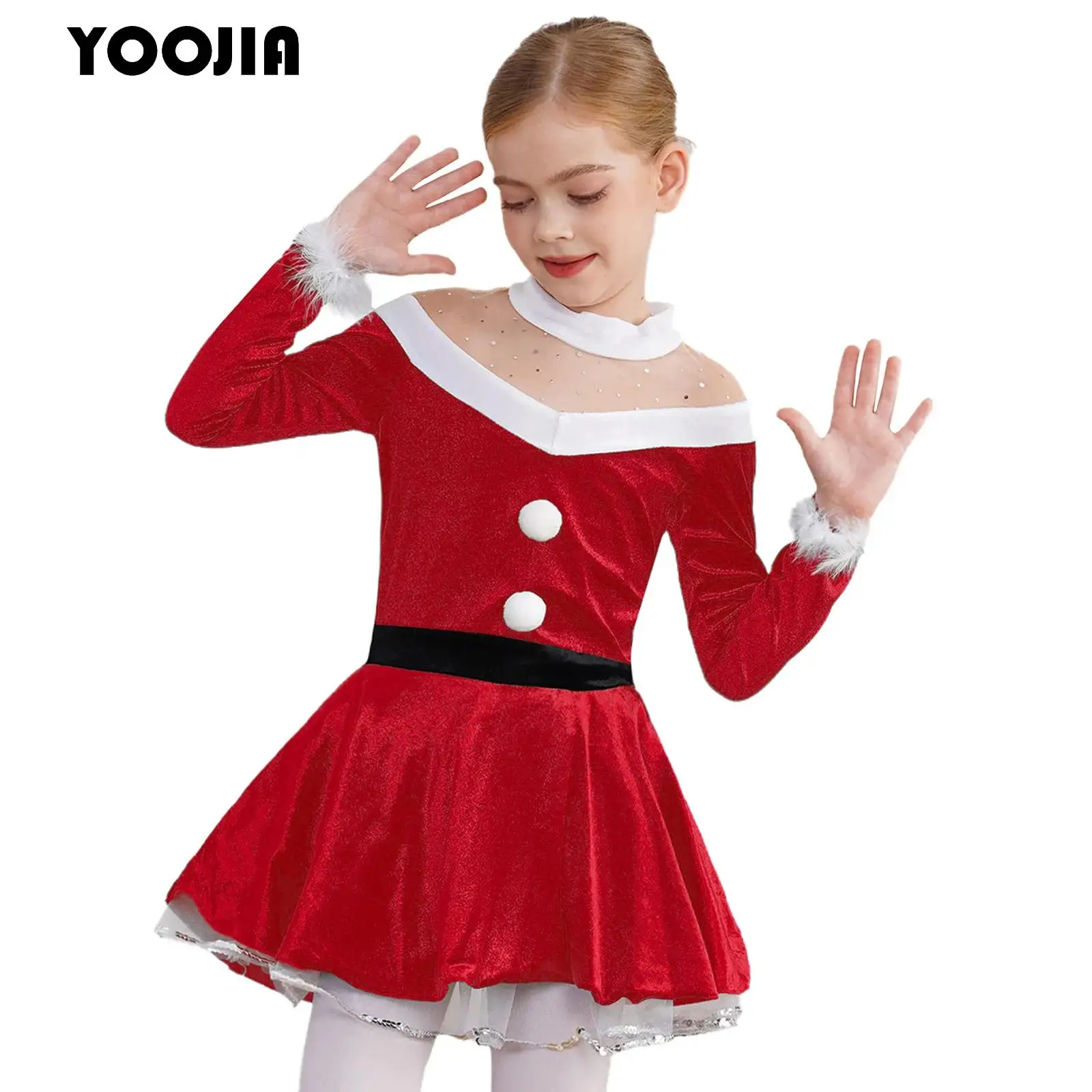 

Kids Girls Velvet Christmas Santa Claus Dance Costume New Year Party Dress Ballet Tutu Skirts Figure Skating Leotard Dancewear