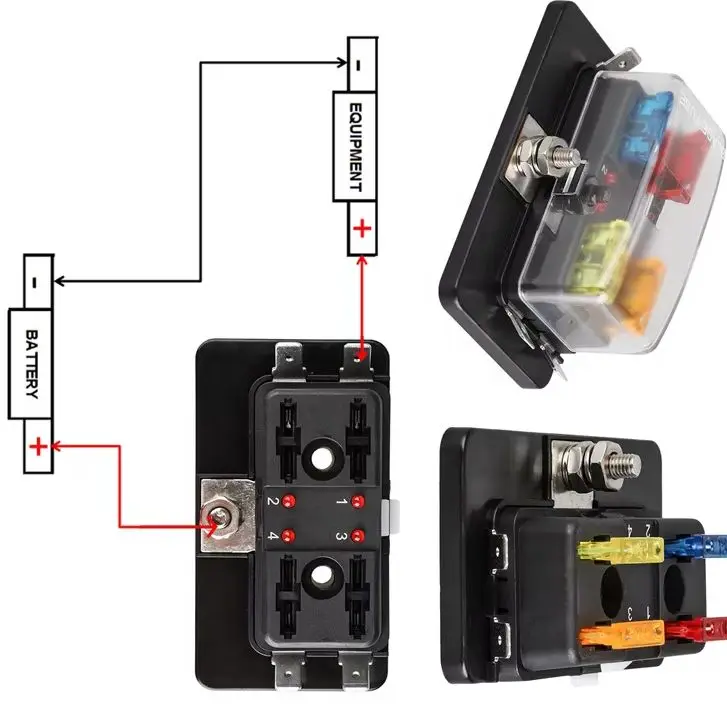 4-Way Blade Fuse Block with Protective Plastic Cover - 12V/32V Fuse Box with LED Indicator Suitable for Auto Car and Marine Use