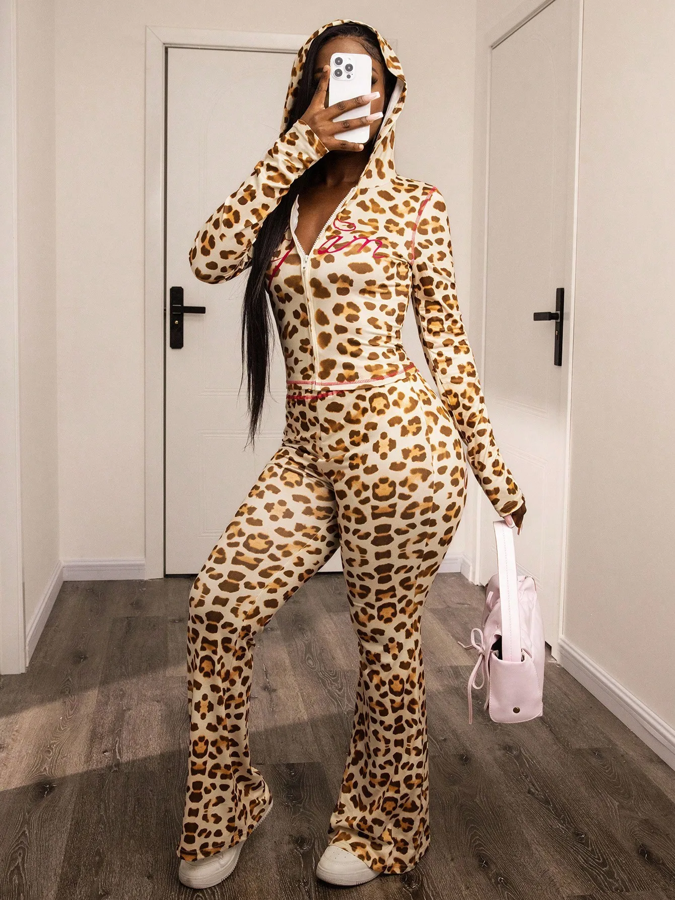 

2-Piece Leopard Print Zip-Up Hooded Top & Flared Pants Set for Women