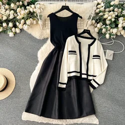 Chic Twp-piece Sets Casual Loose Patchwork Coat Basics Sleeveless Spliced A-line Sundress Evening Autumn Winter Women Clothing