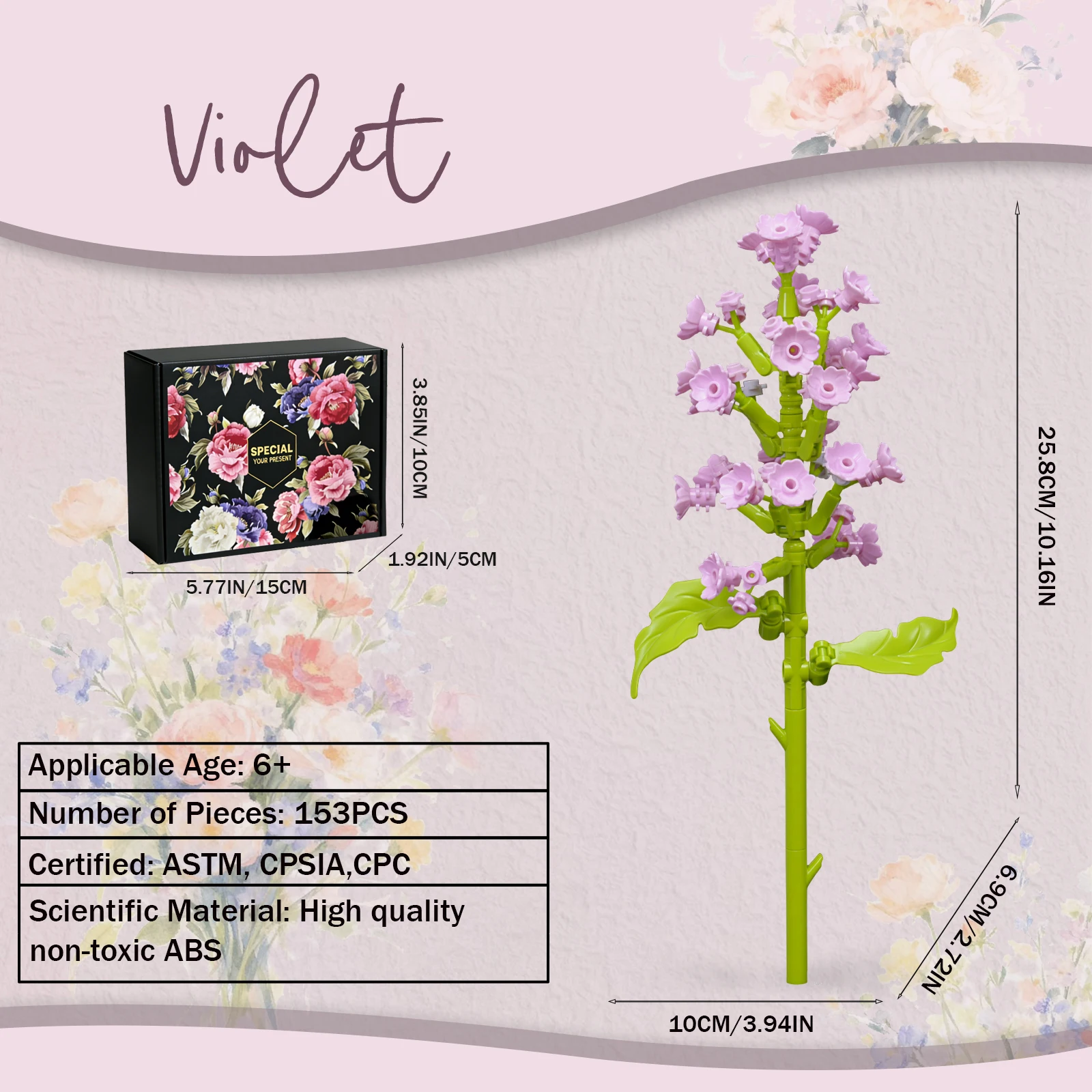 Violet Blossoms Building Block Bouquet Flowers Featuring Gradient Petal Details Ideal for Tabletop Display Home Deco（153 PCS）