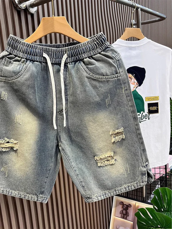 الصيف الأمريكية عارضة الرجعية فضفاض الخصر سروال قصير الجينز الرجال أنبوب مستقيم Haome خمسة أرباع السراويل المتوسطة #4