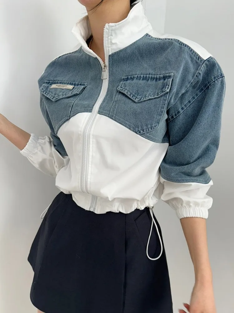 Splicing color denim jacket for women 2024 Spring and Autumn new Korean version slimming contrasting color splicing jacket top