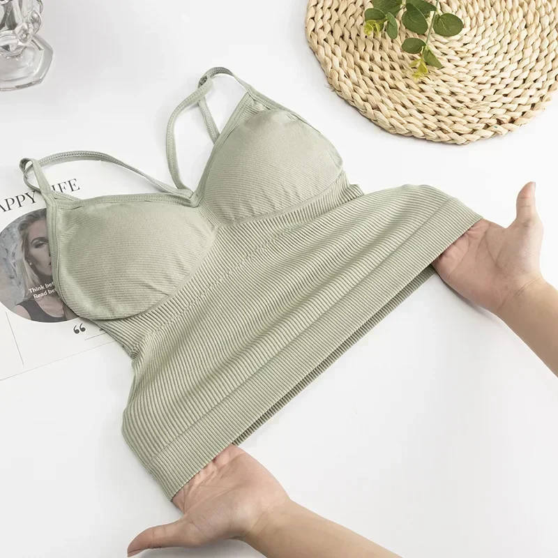 Women\'s Underwear Seamless Body-fitting Vest Wrapped Detachable Chest Pad Cut Top Elastic Sexy Cross Open Back V-neck Vest Bra