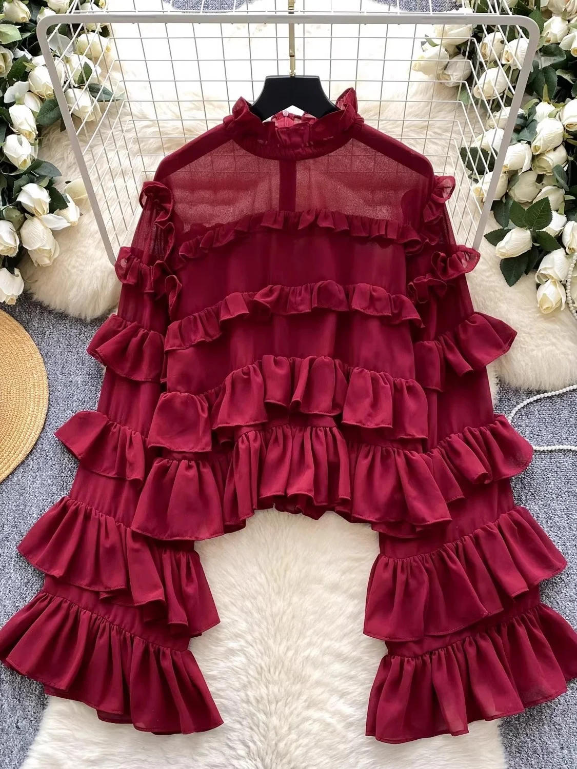 

Sweet Soft Sle Flounce Sve Лоскутная блузка женская шифоновая блузка весна осень Новое поступление дышащая удобная корейская...