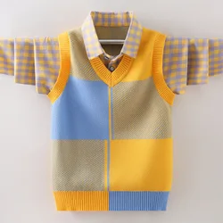 2025 New Spring Boys School Uniform Sweater Knitted Splicing Design Kids Polo Collar Pullover Cotton For Children's Age 4-15 Y