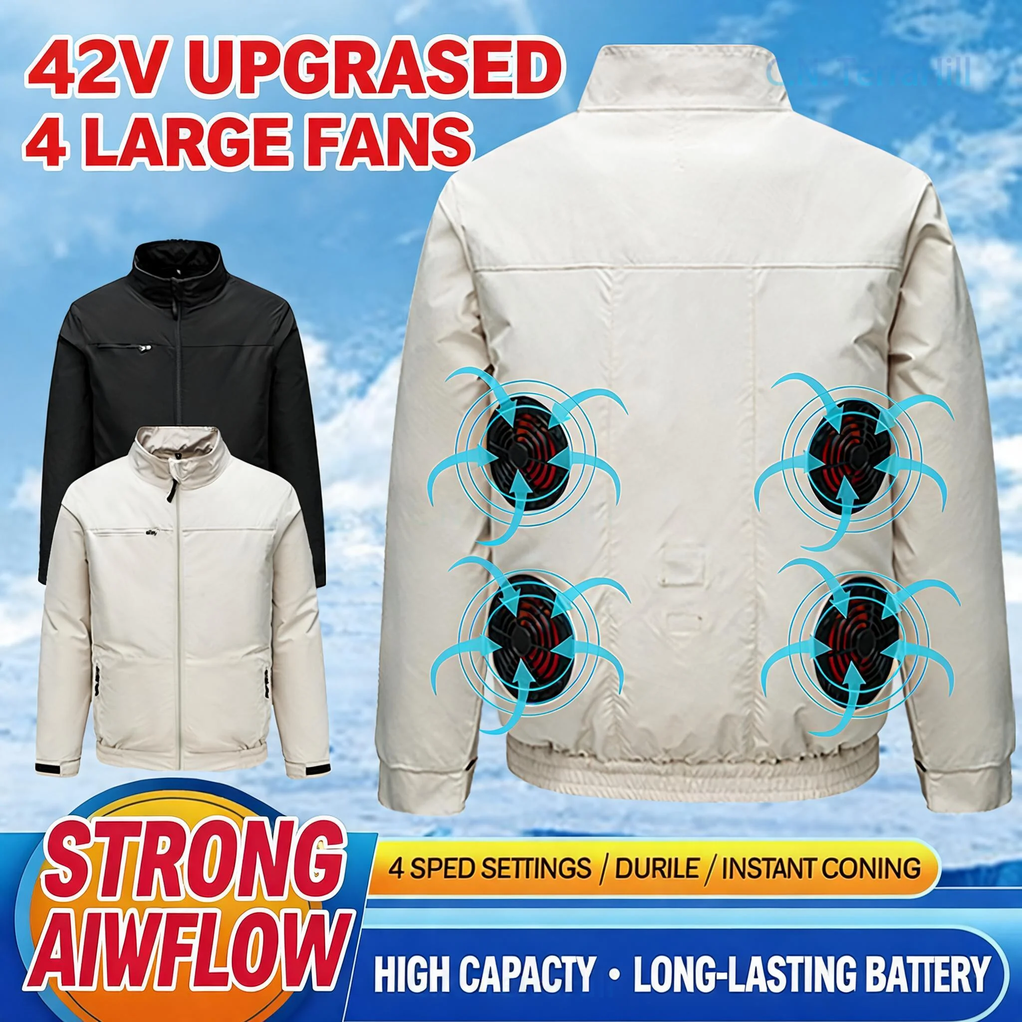 Cooling Work Jacket with 4 Fans for Summer Outdoor Construction Uniform Long Sleeve Ventilated Safety Shirt