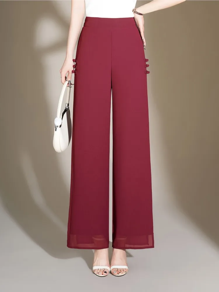 ZUZK Slit Chiffon Long Pants Summer Comfortable Elastic Waist Slim Double Layer Chiffon Pants Chic Droop Chinese Style Pants