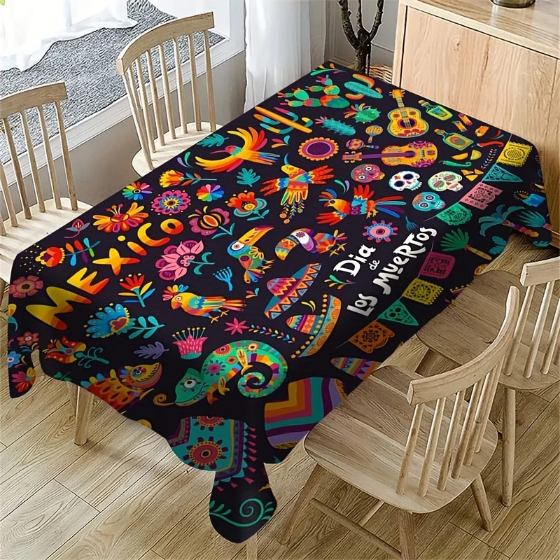 VIKAMA Day of the Dead Tablecloth Black Sugar Skull Candle Marigold Rectangular Washable Halloween Dining Table Cover Decor