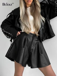 Bclout Autumn Black Leather Shorts Women 2024 Fashion Loose High Waist Sexy Pu Shorts Casual Solid Party Wide Leg Shorts Female