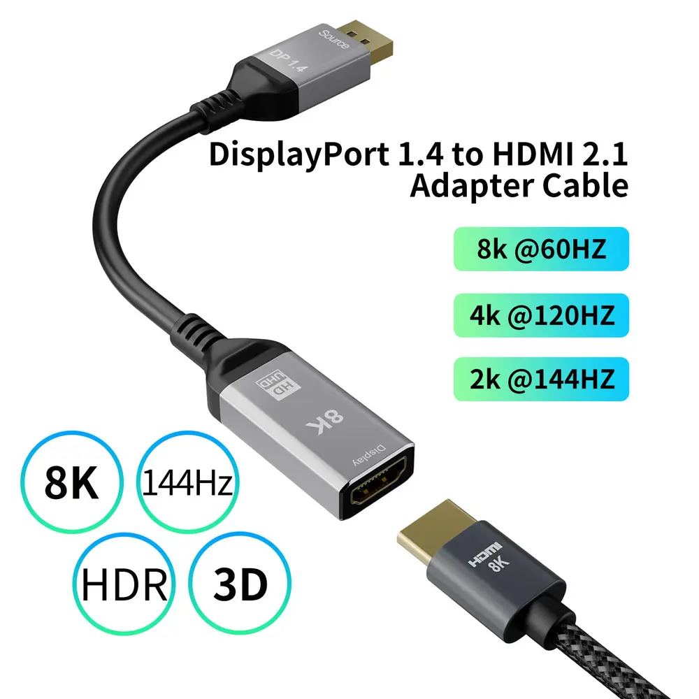 ديسبلاي بورت 1.4 إلى HDMI 2.1 محول كابل ، 8K @ 60Hz ، 4K @ 120Hz ، DP إلى HDMI متوافق ، محول كابل من الذكور إلى الإناث