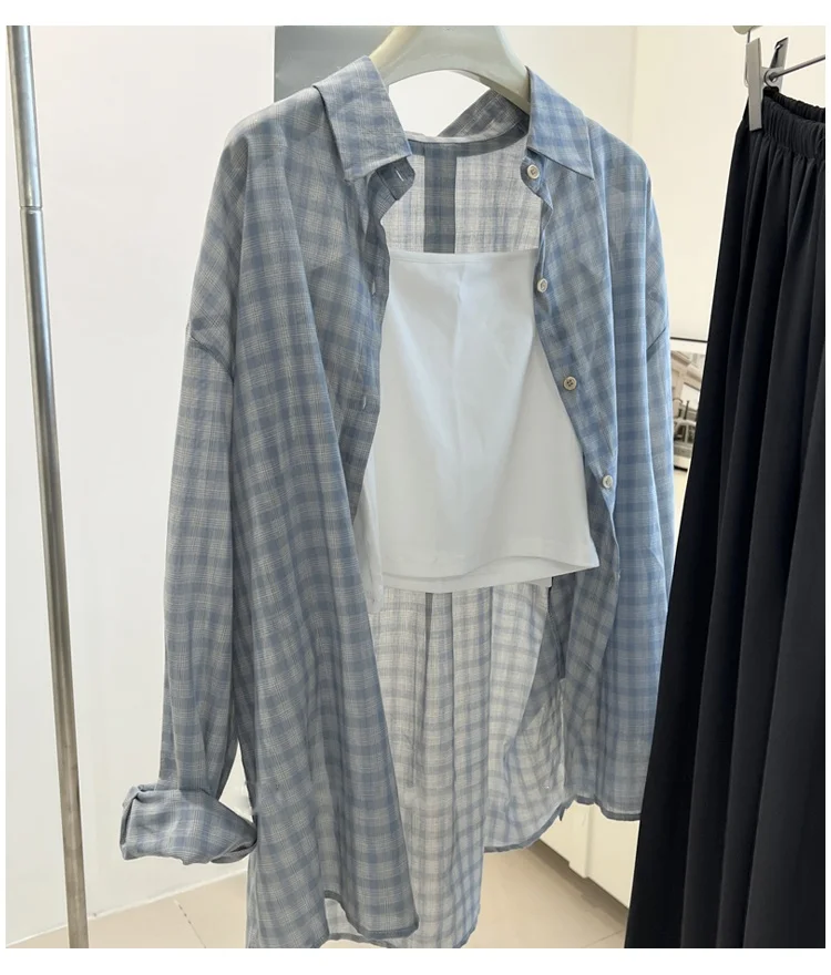 Blue Plaid Long Sleeve Collar Shirt Women's Early Spring Thin Medium Length Slim Fit Sun Protection Top for plus Size