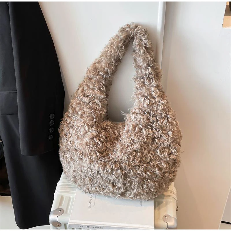 Flauschige, lockige Kunstfell-Hobo-Schultertasche, Plüsch-Halbmond-Unterarmtasche, weiche Teddy-Fuzzy-Halbmond-Handtasche, warme Winter-Handtasche für Damen – Detail 6