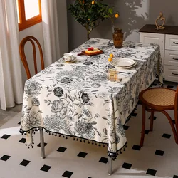 Cotton linen tablecloth with peony tassel print, INS style home dining table cover, Amazon wholesale