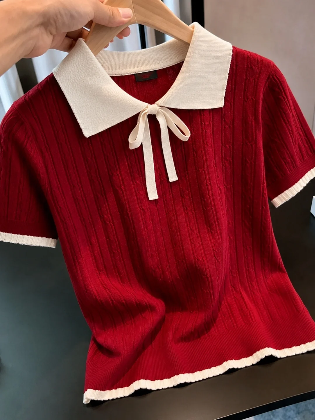 

Summer Knot Color Block Ice Silk Knitted Shirt Collar Short Sleeve Fashionable Ageless Korean Style Women's Top