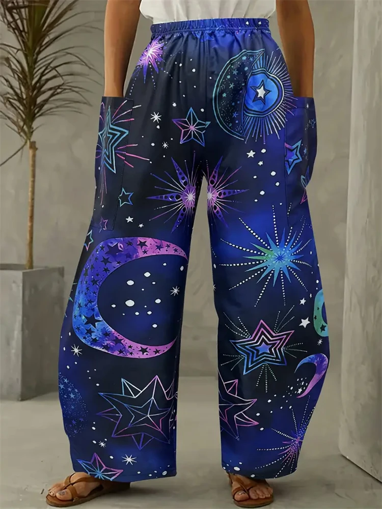 Women's Fashion New Wide-legged Pants Elegant 3d Sun, Moon And Star Printed Pants Women's Street Vintage Pants With Pockets