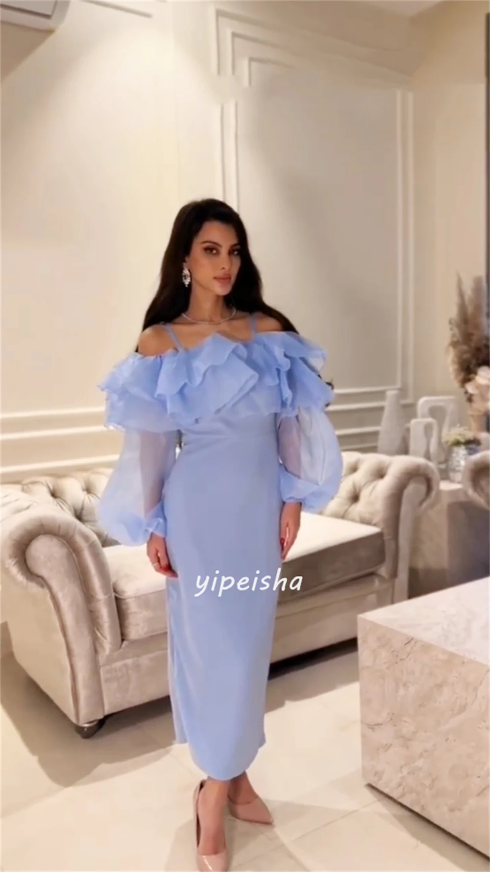 Customized Simple Jersey Ruffle Pleat Ruched Straight Off-the-shoulder Strapless Midi Dresses Celebrity Dresses Exquisite Modern