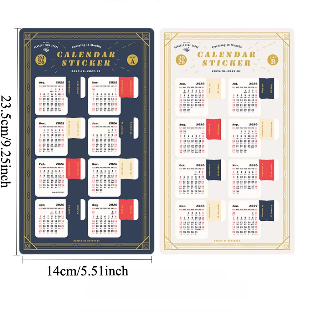 1pc 2026 Calendar Gold Foil Index Stickers, 16 month Waterproof Self Stick Bookmark Planner Calendar Stickers for Scrapbooking