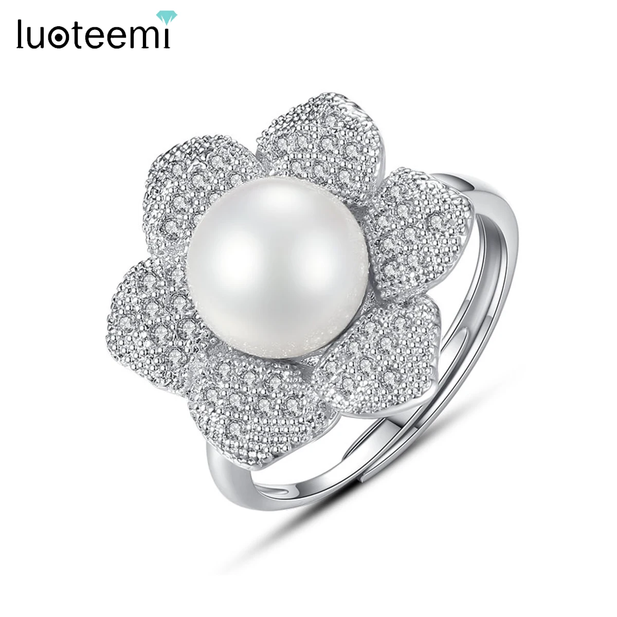 LUOTEEMI New Arrival Adjustable Luxury Silver Color Single Imitation Pearl Rings Tiny CZ Flower Ring For Women Wedding Jewelry