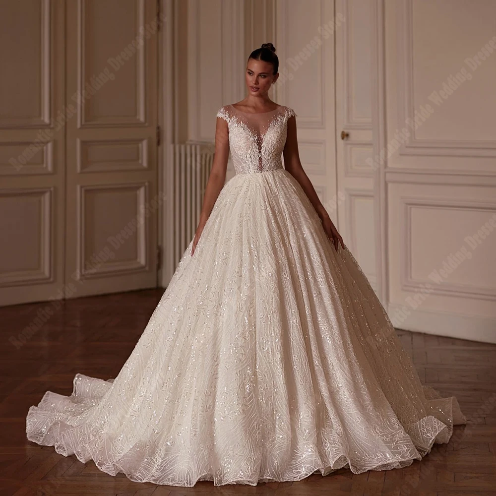 Exquisite A-Line Ball Gown For Women Wedding Dresses O-Neck Lace Embroidery Shining Vestidos De Novias Robe De Mariee Customized