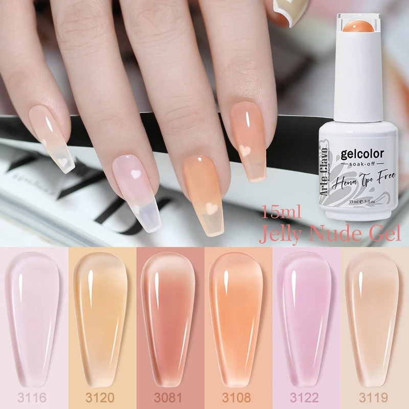 Arte Clavo Jelly Color Series Semi-Transparent Light Pink Peach Gel Nail Polish 15ml UV Light Cured Varnish DIY Nail Art at Home