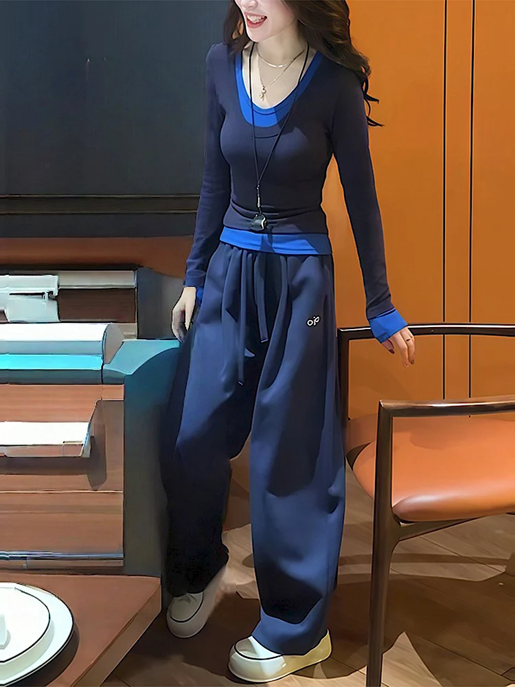 

Cool Spicy Casual Sports Set Women's Slimming Long Sleeve T-shirt Wide Leg Pants Two Piece Set Spring New Style Comfortable