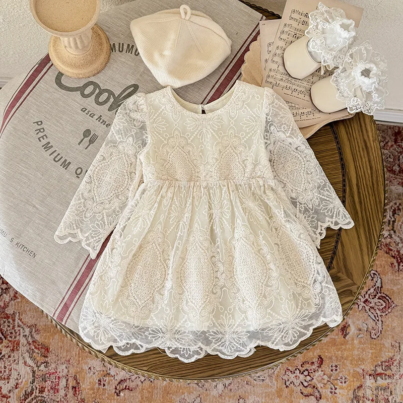 Sweet Baby Girl's Lace Dress Hollow Out Long Sleeved Dress Spring Cotton Flower Embroidery Princess Dress Infant A-Line Dress