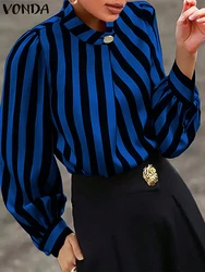 Plus Size VONDA Stripe Blusas Elegant Fashion Office Lantern Long Sleeve Tops 2024 Women Casual Stand Collar Satin Blouse