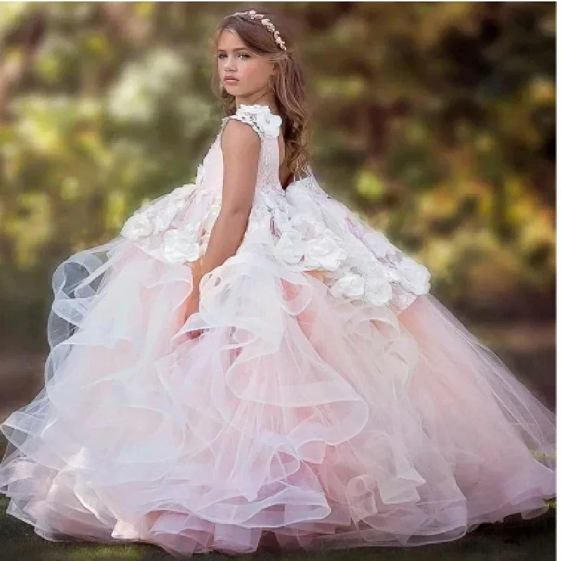 Flower Girl Dress Fluffy Lace Appliques Cascading Child Baby Girl Dress Wedding Birthday Party prima comunione Holiday