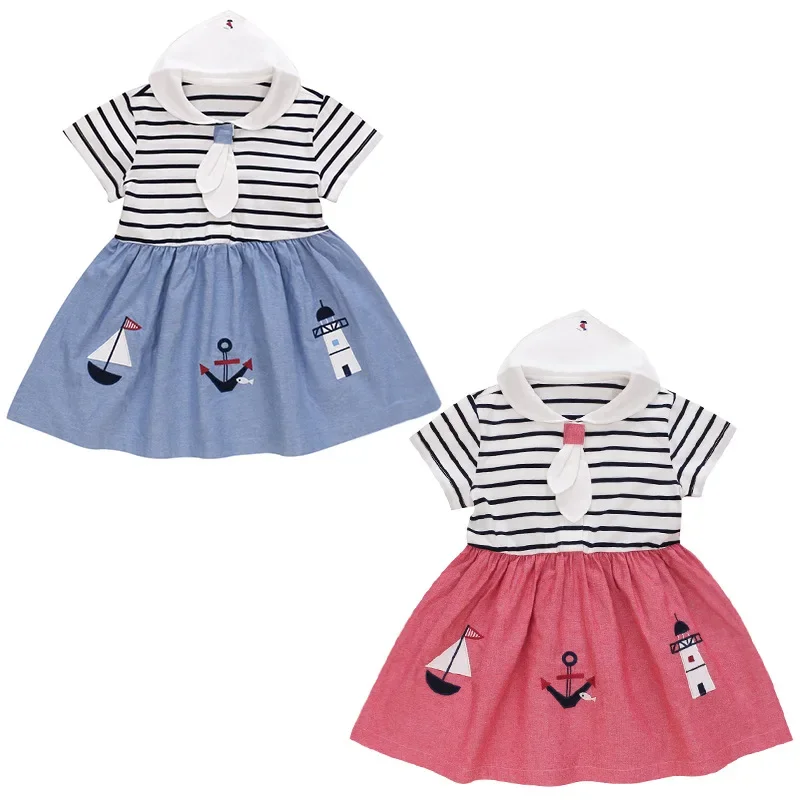 F Family Kids Summer Girls Sailboat Embroidery Navy Neck Short Sleeve Dress Kids Stripe Color-Block Skirt