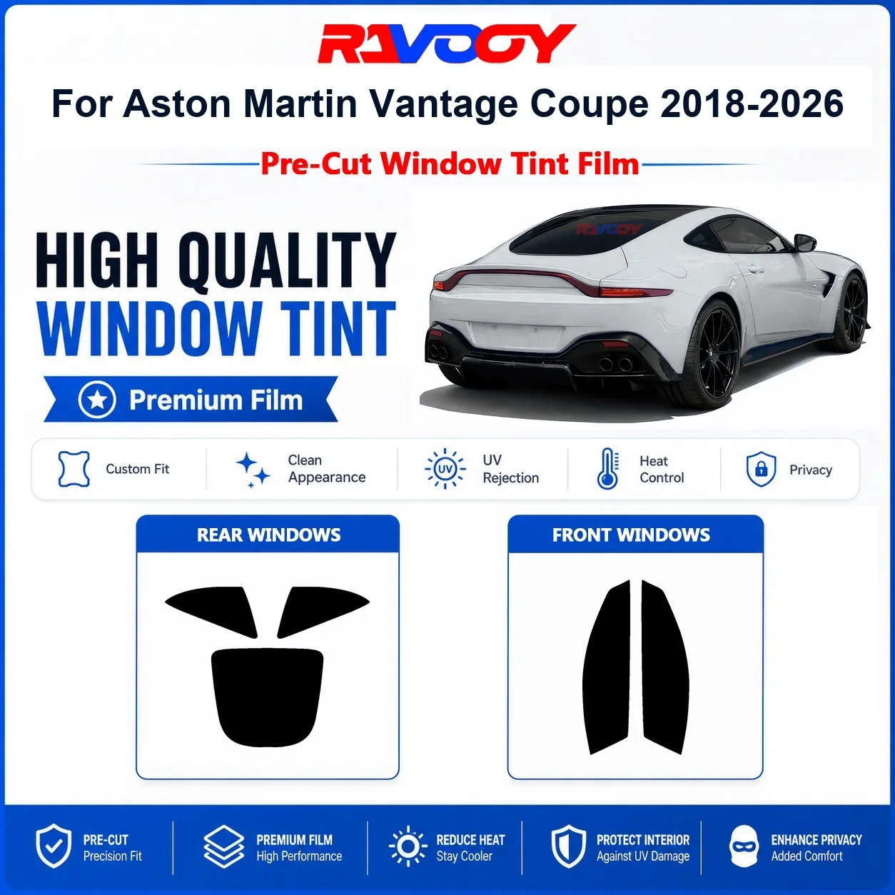 Premium Pre-Cut Window Tint For Aston Martin Vantage Coupe 2018-2026 Front & Rear Windows UV Heat Rejection Privacy Film