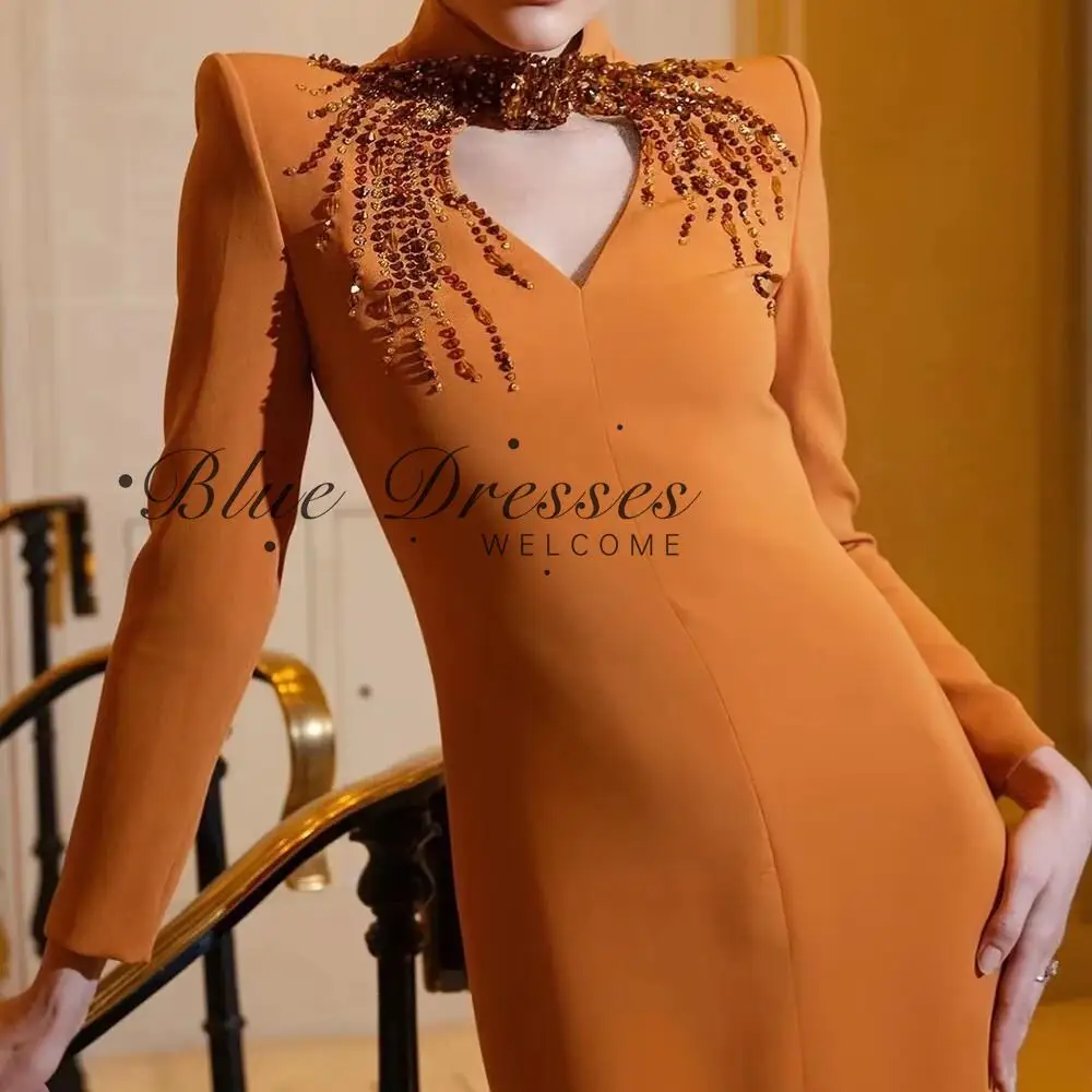 customized  heart neck floor-length long sleeve gown with delicate sequins on neckline. Tight waist design shapes your figure pe
