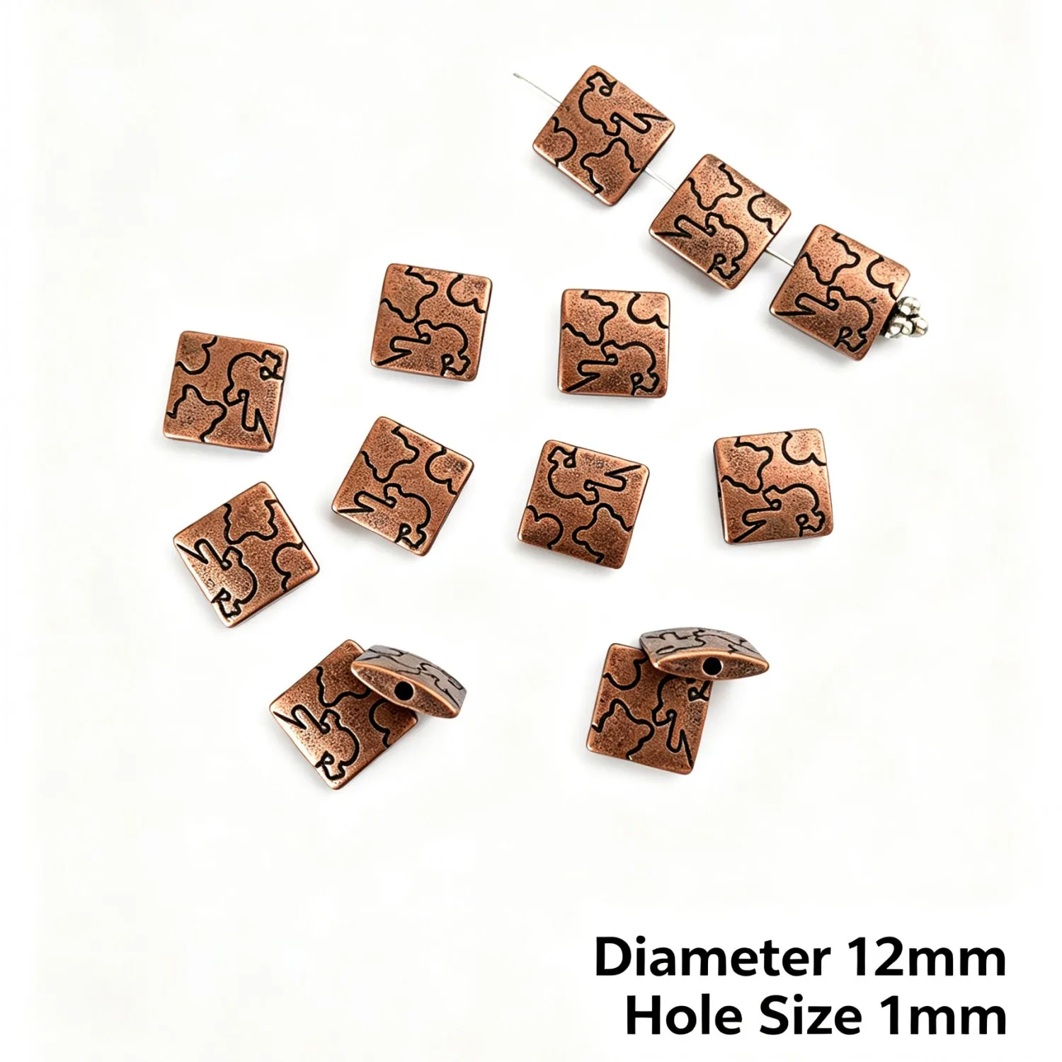 10Pcs 12×12mm Zinc Alloy Antique Red Copper Square Engraved Spacer Beads DIY Jewelry Accessories H5270
