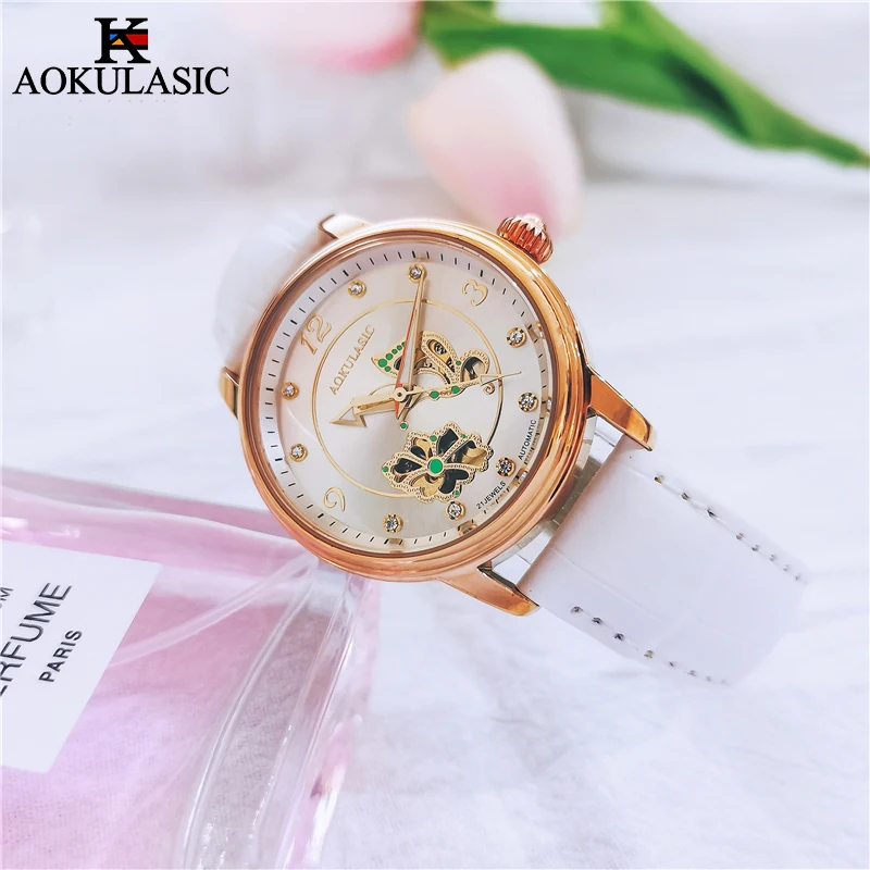 AOKULASIC سيدة مضيئة ساعة أوتوماتيكية أنثى الماس ساعة اليد جلدية مقاوم للماء النساء ساعات آلية ساعة Reloj Mujer