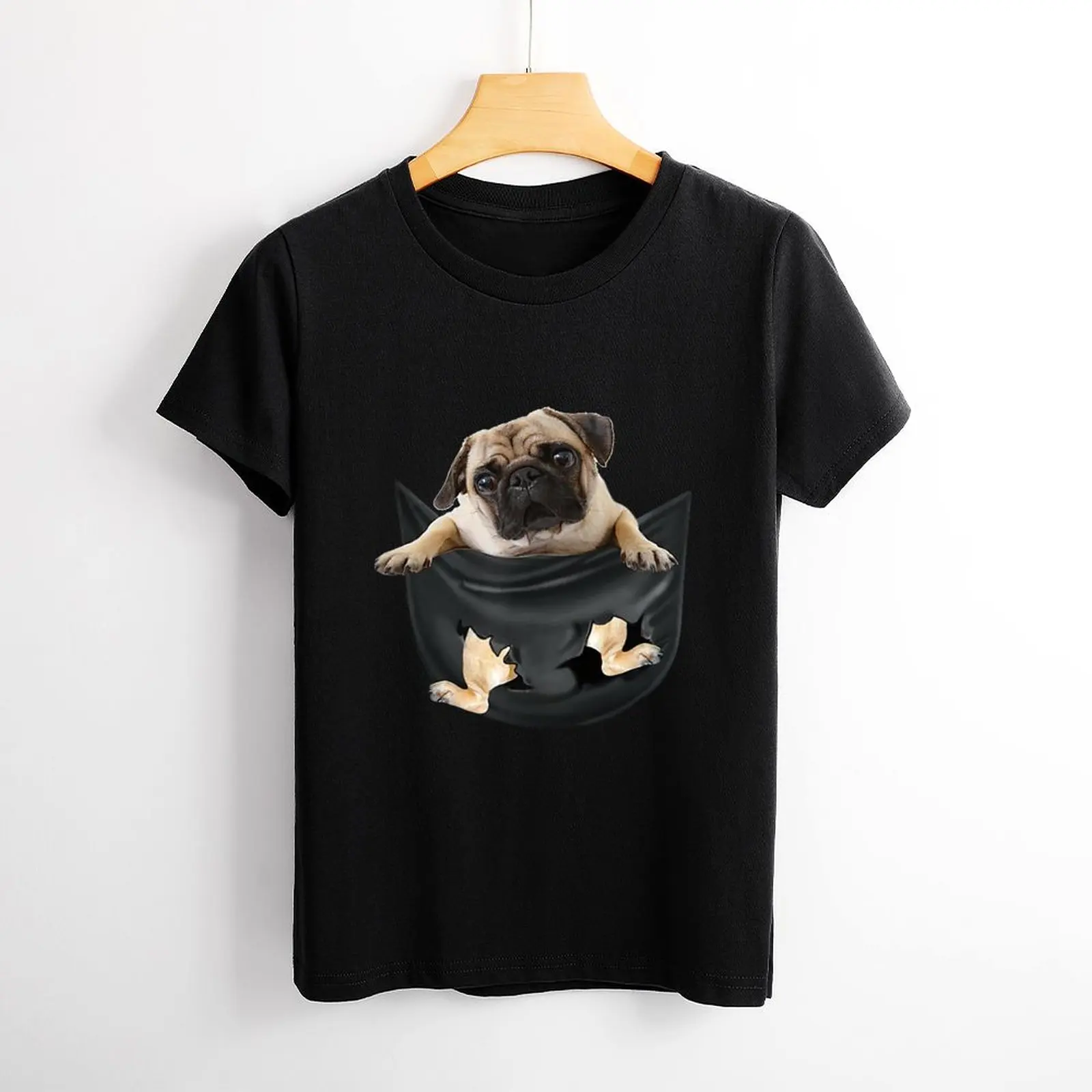 Dog Lover Shirt Pug Dog in Pocket Cute Dog Lover T Shirt Graphic Shirt Casual Short Sleeved Female Tee T-Shirt Size S-4XL