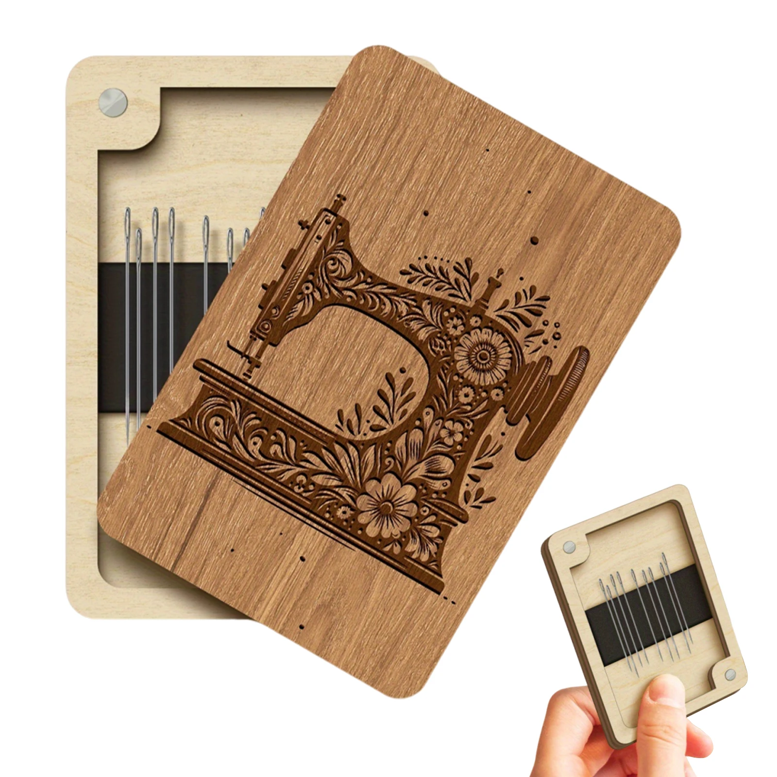 Wooden Needle Box Built-in Strong Magnet Pincushion Caddy with Lid Sewing Needles Case for Quilters Sewers Craft Supplies Gift - view 5